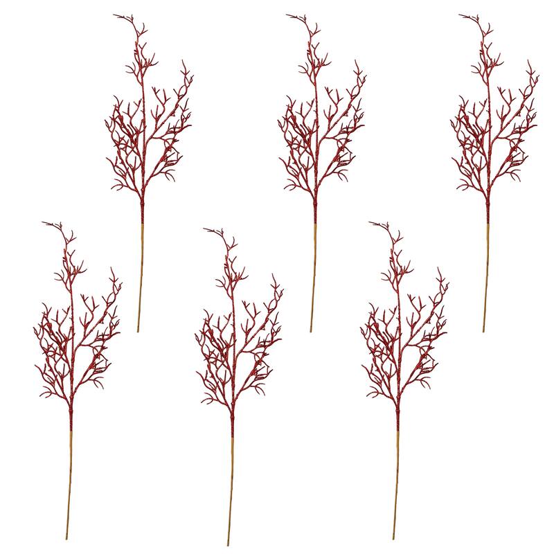28" Glitter Twig Stem, Red, Set of 3 - Red