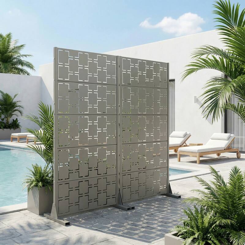 Outdoor Freestanding Metal Privacy Screen Decorative Garden Fence Set of 2