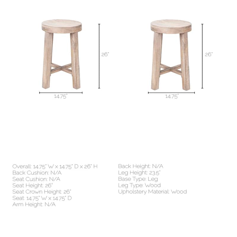 Brahma White Washed Solid Wood Counter Stool - 14.8L x 14.8W x 26.0H