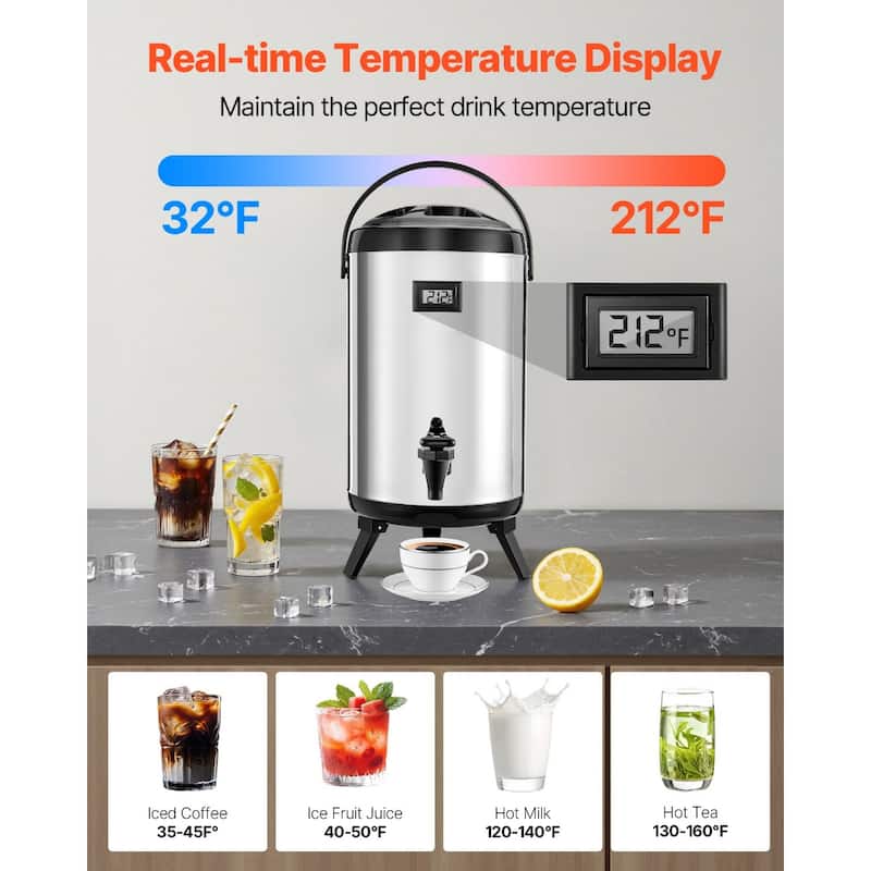 12L Stainless Steel Insulated Beverage Dispenser with Spigot and Temp Display for Hot and Cold