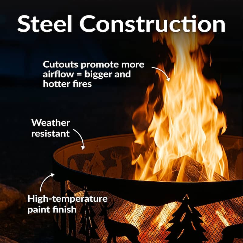 Forest Wilderness Black Steel Fire Pit Ring with Cutouts - 36"