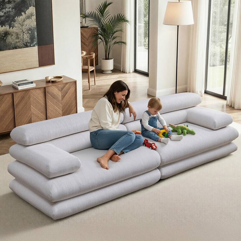 118" Upholstered Linen-Blend Chenille The Serenity Curved Sofa