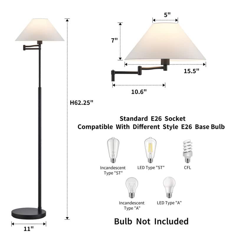 KAWOTI Modern Swing Arm Floor Lamp with Conical White Shade - W21.25" x D 15.5" x H62.25"