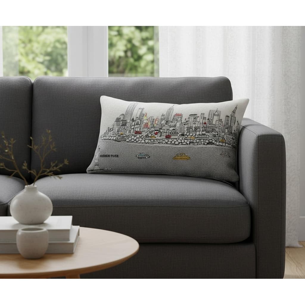 HomeRoots 14" X 24" Cream NYC Daylight Skyline Lumbar Decorative Pillow