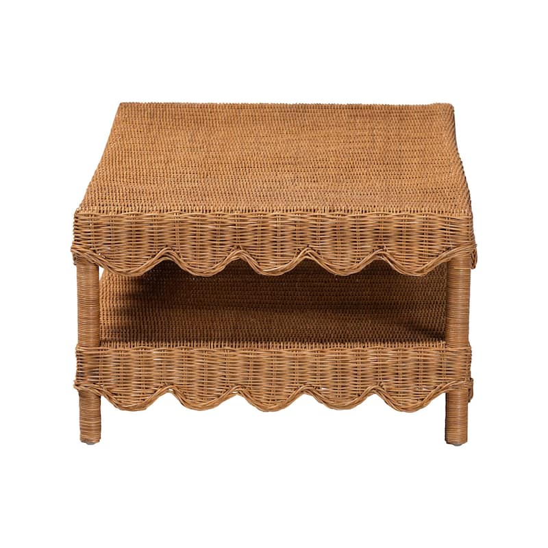 Oteria Natural Rattan Coffee Table - Handwoven Wicker Cocktail Table with Scalloped Detailing and Open Shelf, Coastal Boho Style