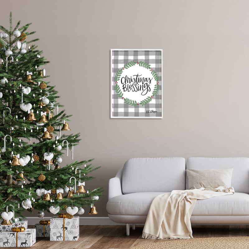 Stupell Christmas Blessings Calligraphy Tartan Holly Sprigs Border Framed Wall Art - Green
