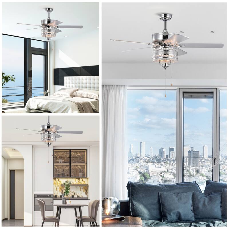 52'' Classical Crystal Ceiling Fan Lamp 5 Reversible Blades,Chrome(Hand Pull Chain)
