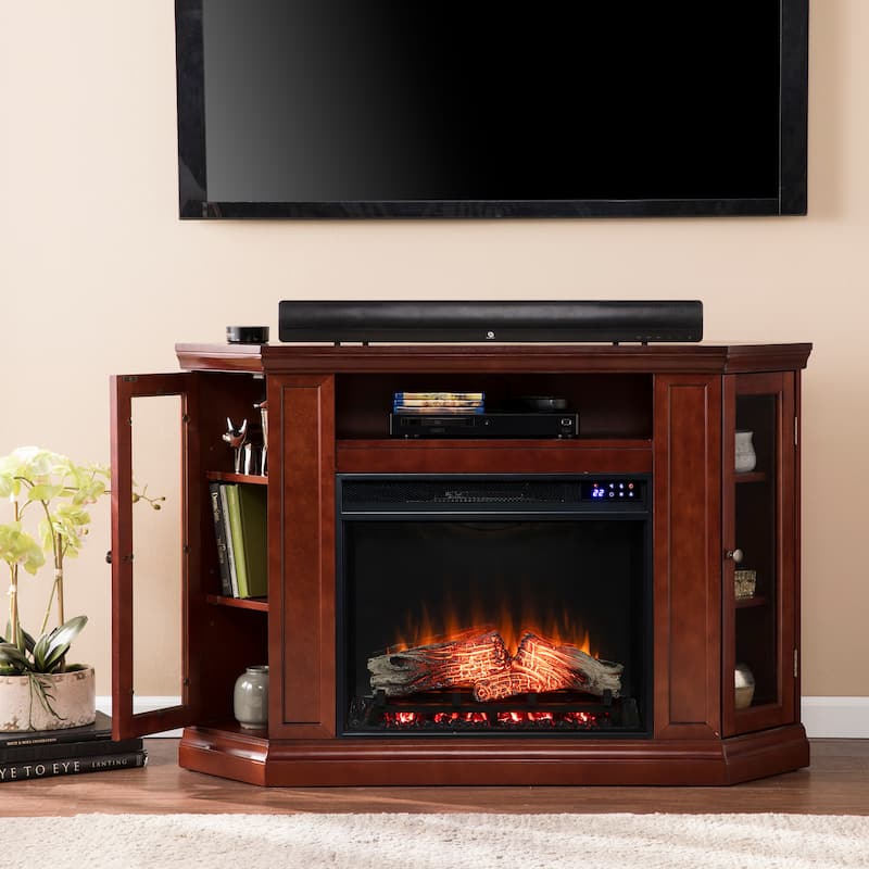 SEI Furniture Tyhee Cherry Convertible Corner Media TV Stand Fireplace for TV's up to 50" - Mirrored Reflector Firebox