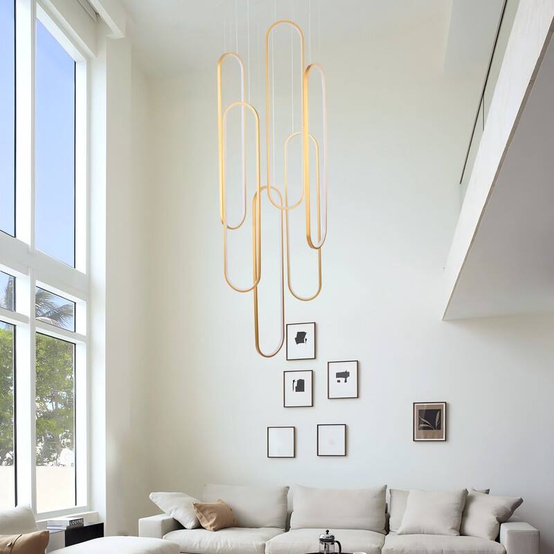 6 Rings Modern Chandelier, LED Black Large Contemporary Light for Staircase, Dimmable High Ceiling Chandeliers
