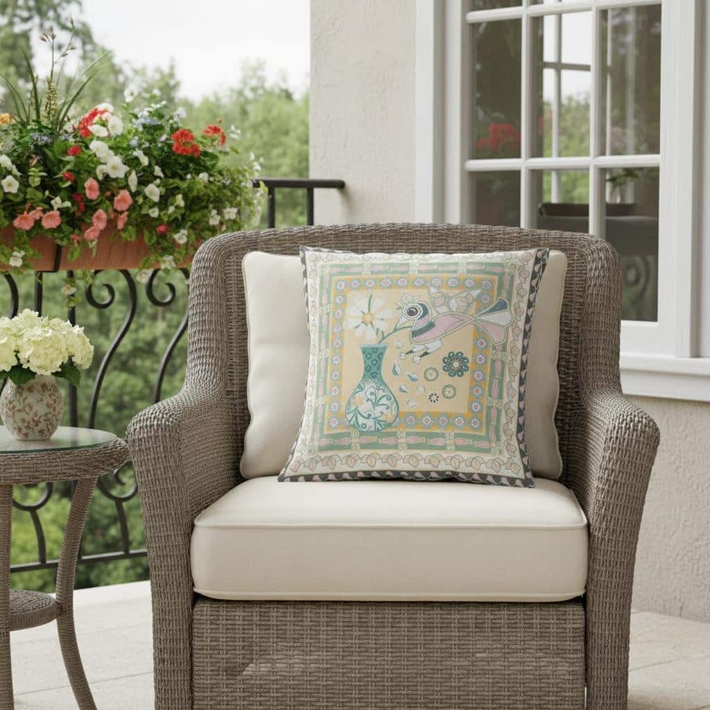 HomeRoots 26" x 26" Beige and Black Peacock Blown Seam Floral Indoor Outdoor Throw Pillow - 26.00' X '5.00' X '26.00