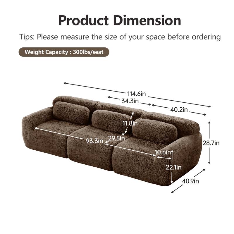 Modular Sectional Sofa, Plush Fabric Boneless Couch with Throw Pillows, 2/3/4-Seater Options, No Assembly