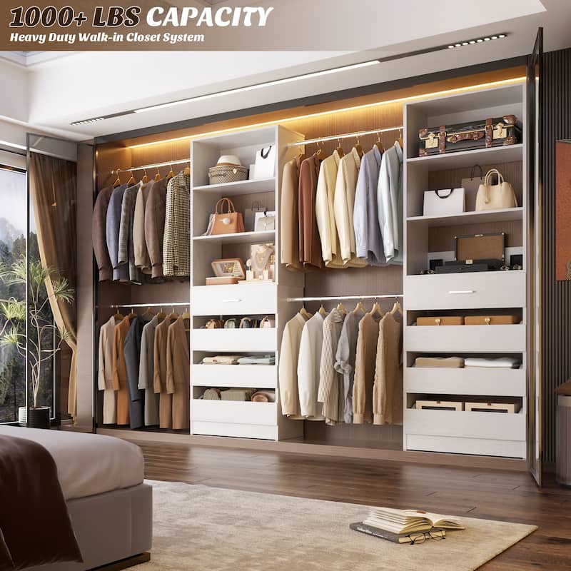 Rackcog 74''-115'' Closet System with 4 Wooden Drawers and 4 Hanging Rods, Sturdy Closet Organizer for Walk-in/Reach-in Closet