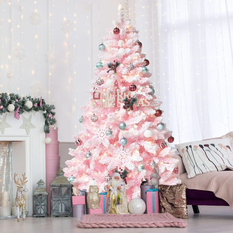 VEIKOUS 6.5FT/7.5FT Pre-lit Christmas Tree Snow Flocked/Artificial with Lights and Metal Stand - 6.5 Foot - Pink
