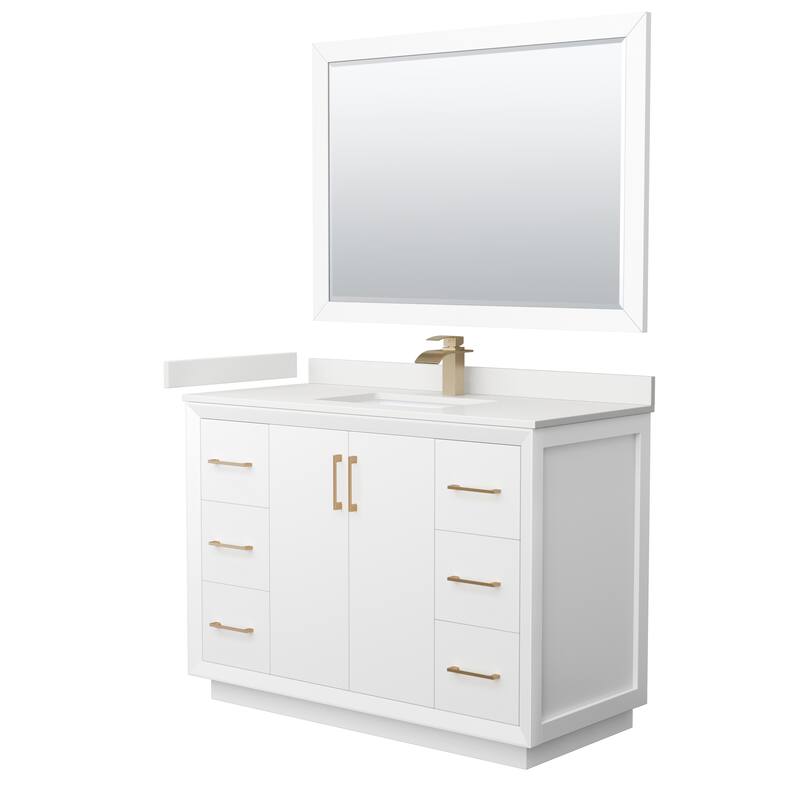 Strada 48-inch Single Vanity, Quartz Top, 46-inch Mirror - White, Bronze Trim, White Quartz Top