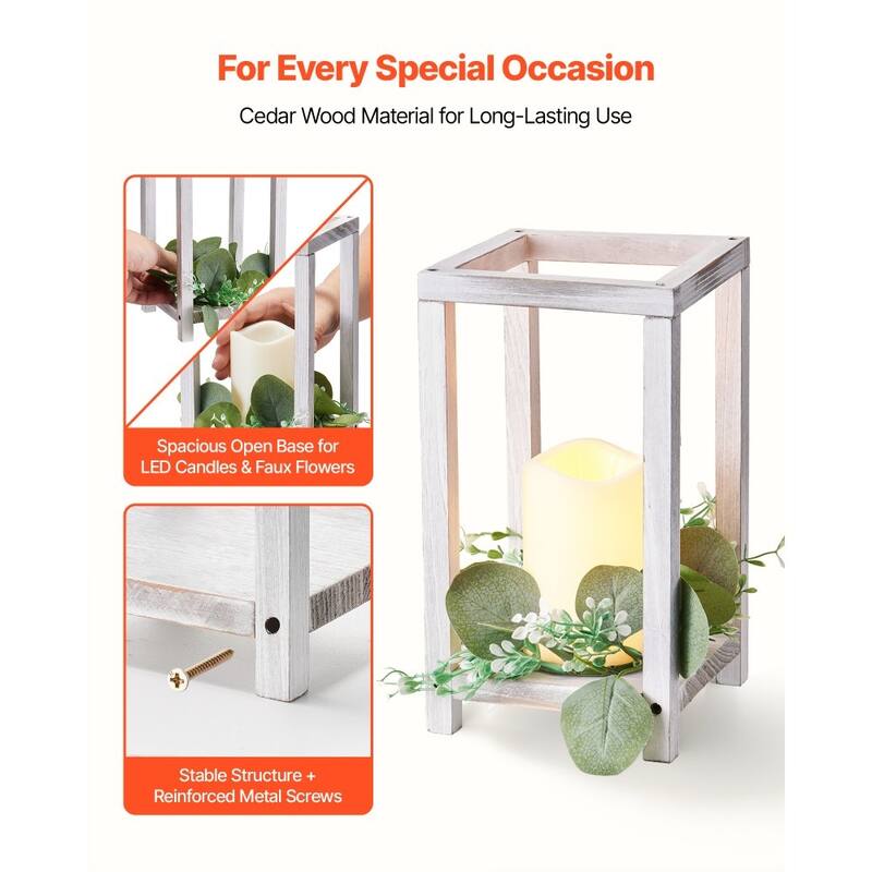 Wooden Wedding Lantern Set with LED Candles and Eucalyptus Wreath Rustic Cedar Table