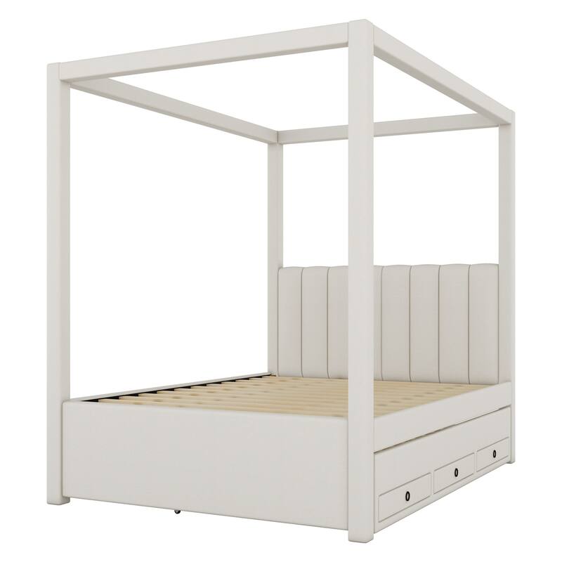 Full Size Upholstered Canopy Platform Bed with Trundle and Storage Drawers in Beige