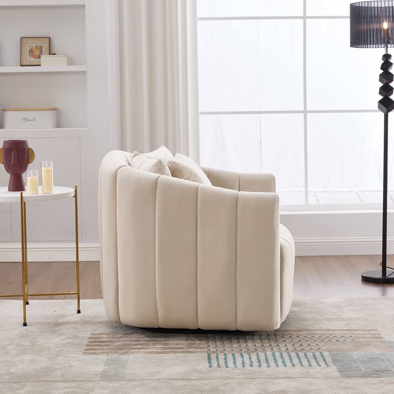 Roomfitters Oversized Swivel Barrel Chair, Velvet Channel Tufted Pumpkin-Shape Club Armchair with 3 Pillows for Living Room