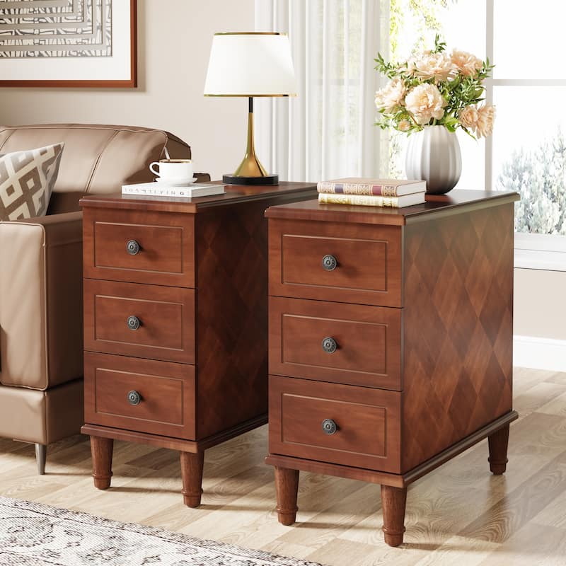 Solid Wood End Table with 3 Drawers, Fully Assembled Narrow Side Table - 2-Piece (Dark Brown)