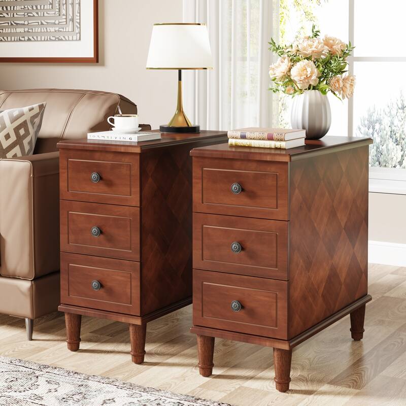 Wood End Table, Fully Assembled Narrow Side Table with 3 Drawers - 2-Piece (Dark Brown)
