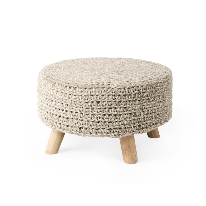 Bina Wool With Brown Wood Legs Stool - Medium - 24.0L x 24.0W x 14.0H - Beige