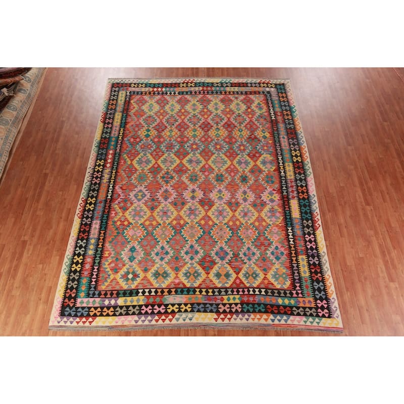 Reversible Kilim Oriental Area Rug Flatweave Geometric Wool Carpet - 9'11"x 13'0"