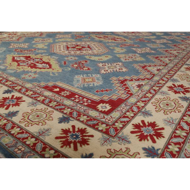 Hand Knotted Oriental 100% Wool Carpet Traditional Geometric Navy Blue & Blues Kazak Area Rug - 13' 7'' X 9' 10''