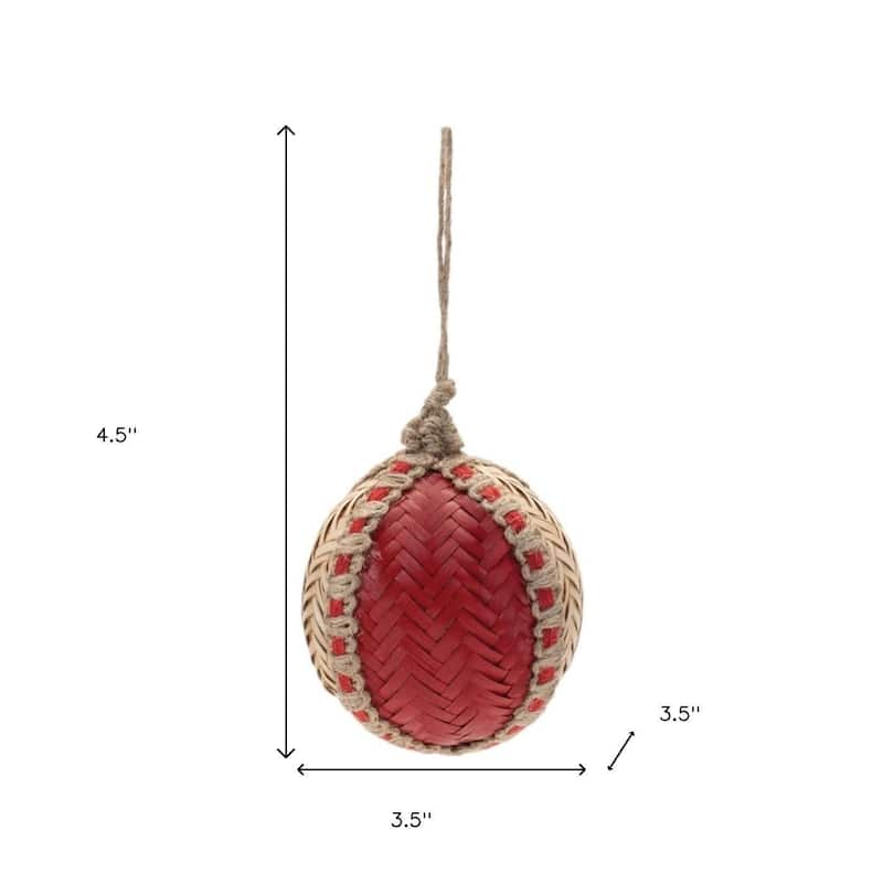 HomeRoots Set of Four Red And Natural Woven Bamboo Ball Ornaments