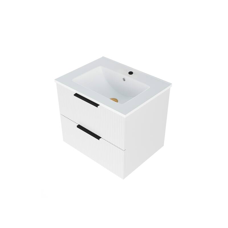 24" Floating Bathroom Vanity with Ceramic Sink - Wall Mounted Fluted Vanity Cabinet with Drawers, for Small Bathrooms