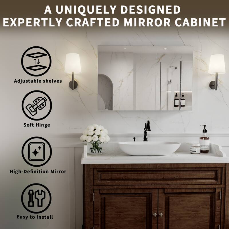 Modland 30"-36"W x 24"H Double Door Bathroom Medicine Cabinet with Mirror,Aluminum Frame