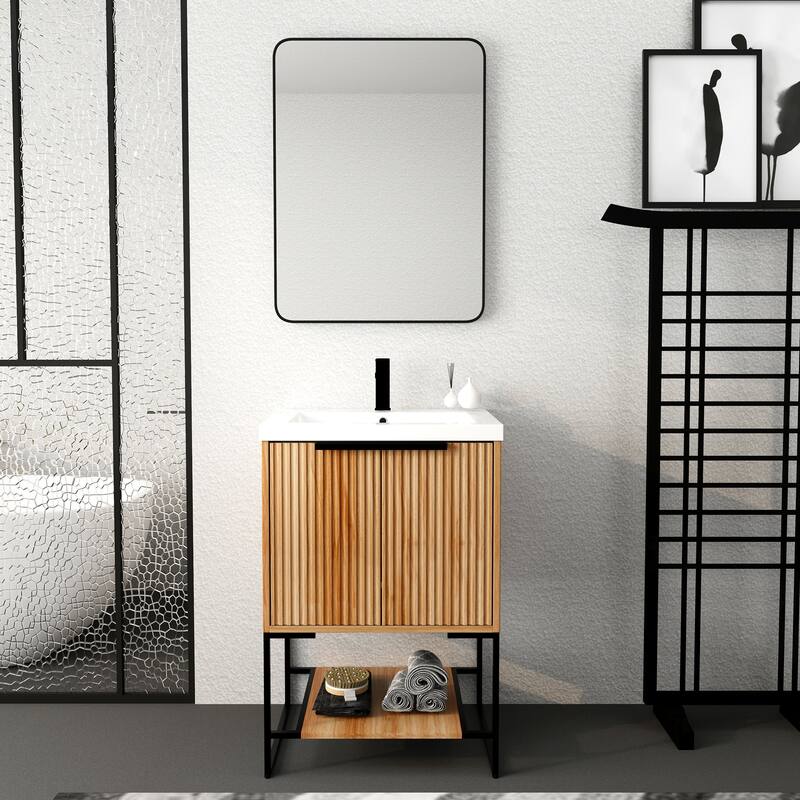 24 inch Plywood Freestanding Bathroom Vanity Set in Maple with Integrated Resin Sink - Textured - 24" x 18" x 35" - Maple