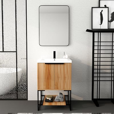 24 inch Plywood Freestanding Bathroom Vanity Set in Maple with Integrated Resin Sink