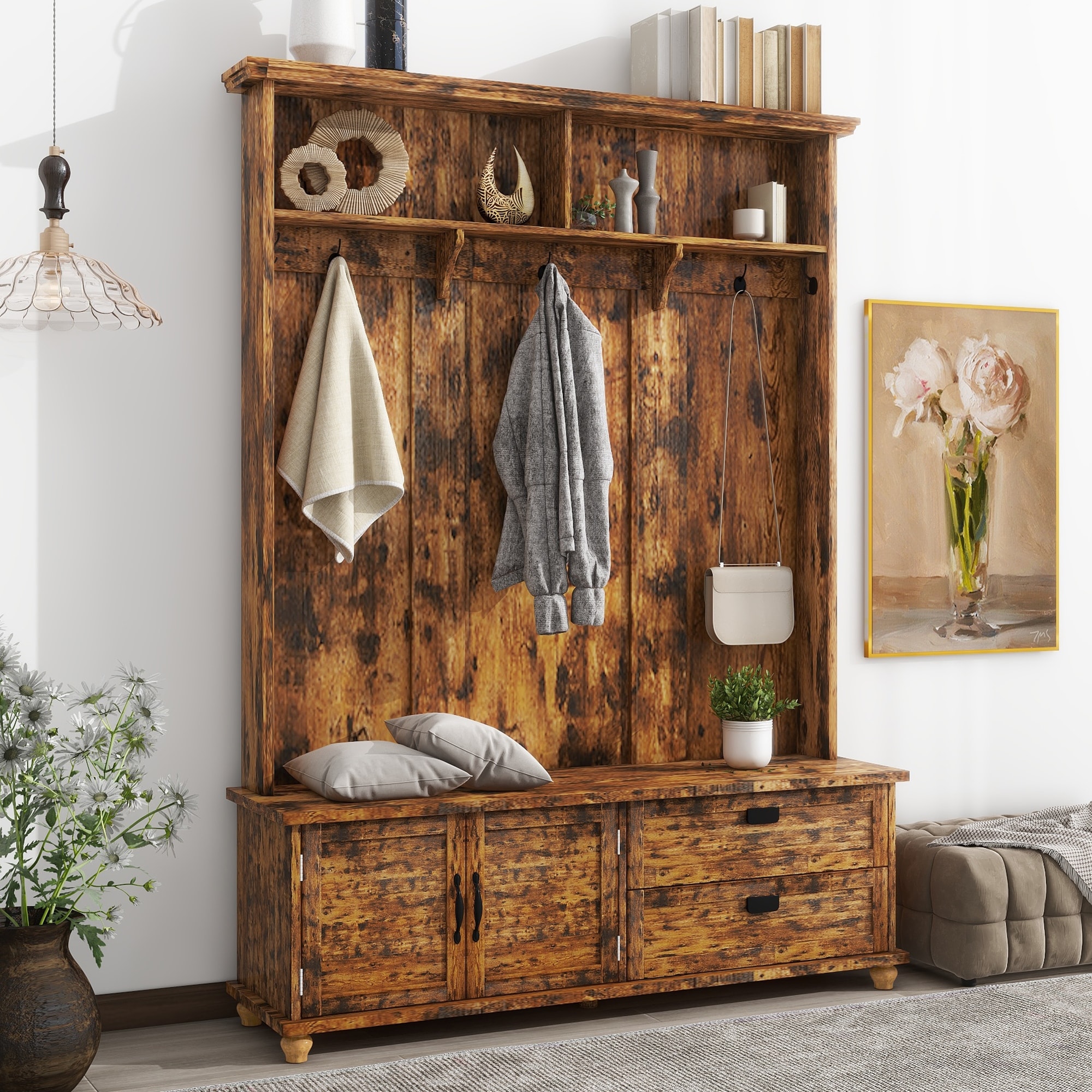 Modern Hall Tree with Storage Cabinet and 2 Large Drawers Widen Mudroom Bench with 5 Coat Hooks