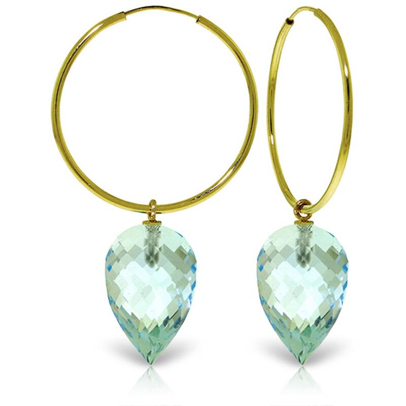 14K Solid Gold Hoop Earrings w/ Pointy Briolette Drop Blue Topaz