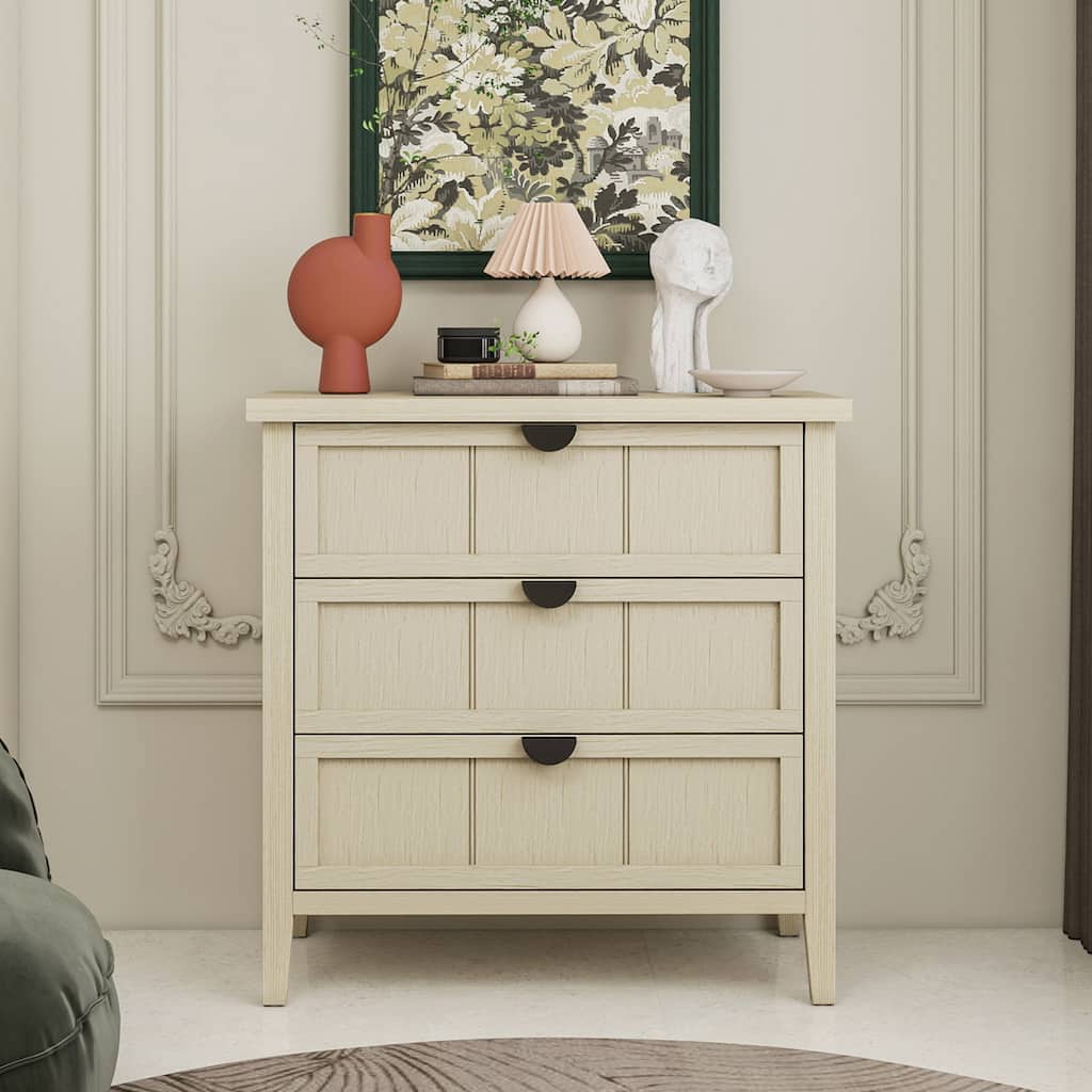 Roomfitters 3 Drawer Dresser Storage Cabinet, Modern Wooden Chest of Drawers with Metal Handles, Natural