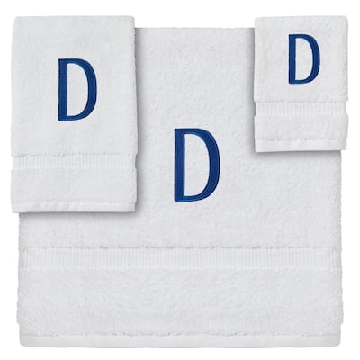 3-Piece Letter D Monogrammed Bath Towels Set, Embroidered Initial D Wedding Gift (White, Blue)