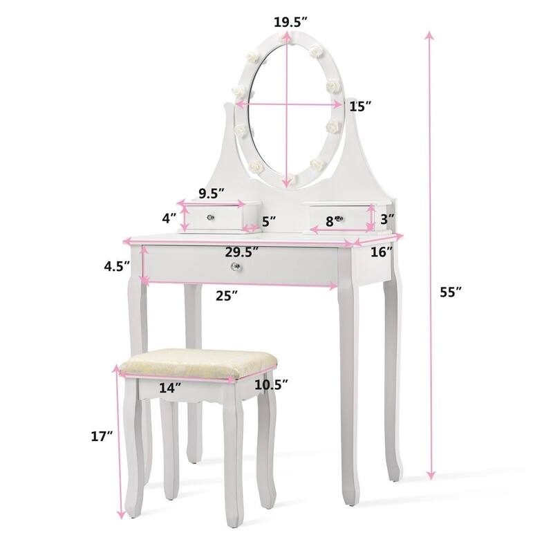 5 Drawers Vanity Table Stool Set with 12-LED Bulbs - 31.5" x 16" x 55" (L x W x H)