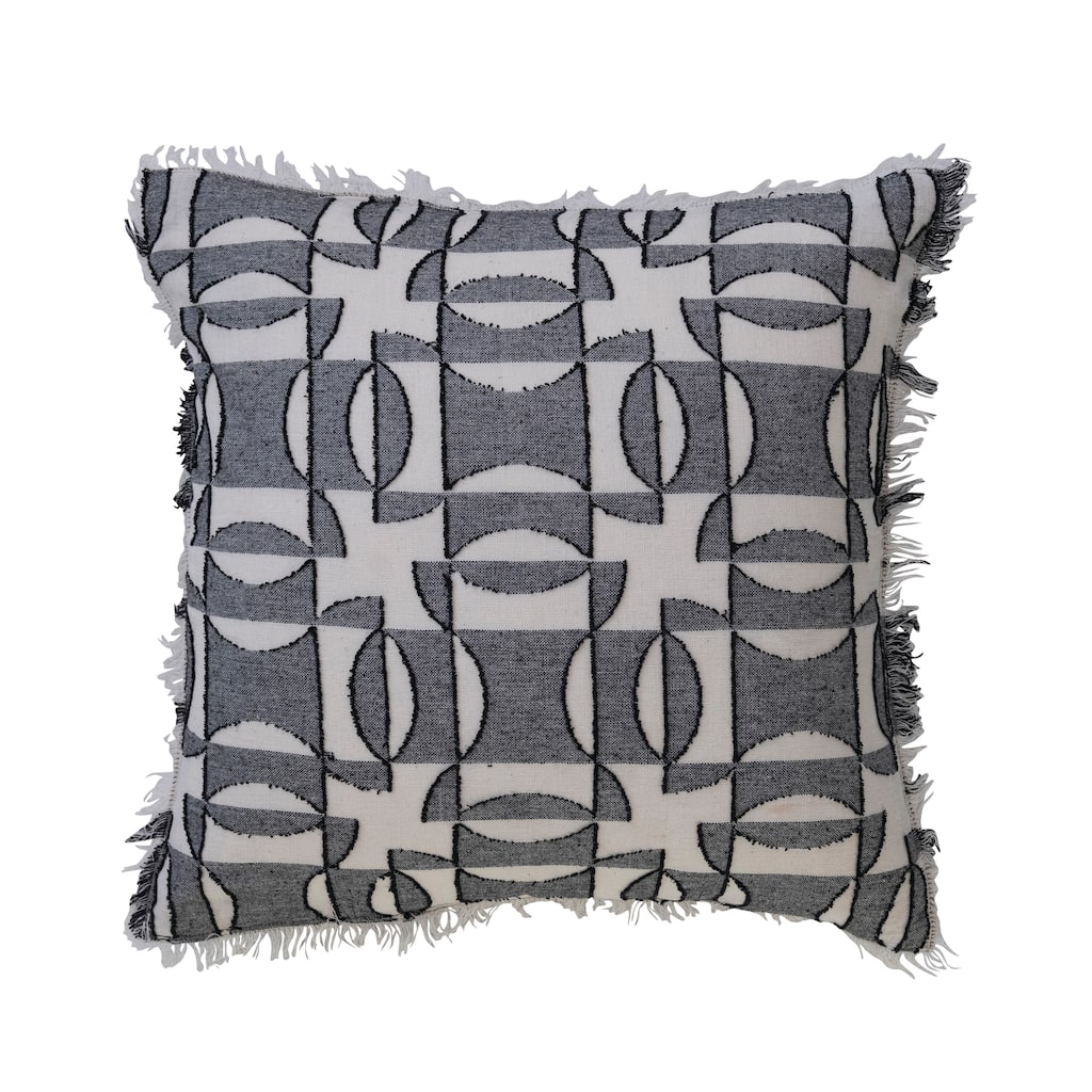 Woven Cotton Pillow with Geometric Pattern, Chambray Back, and Fringe