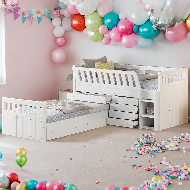 L-shaped Twin Loft Bed and Twin Platform Bed with 7 Drawers