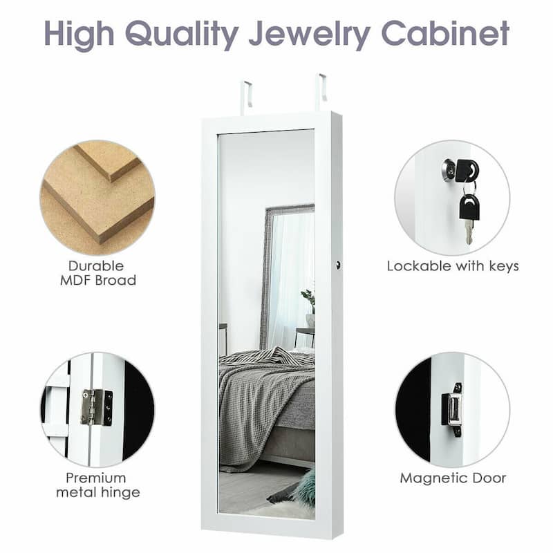 Lockable Wall Mount Mirrored Jewelry Cabinet with LED Lights - White - 14.6" x 3.8" x 43.3" (L x W x H)