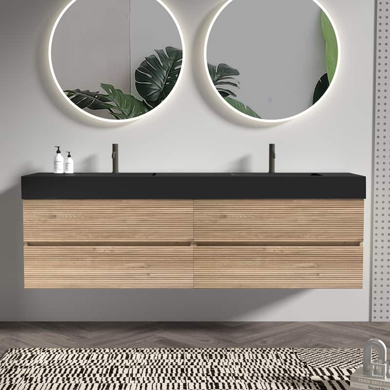 GDFStudio - Grace Wall-Mounted Bathroom Vanity with Engineered Quartz Sink & Soft Close Drawers, without Drainage and Faucet - 72" - Oak+Black