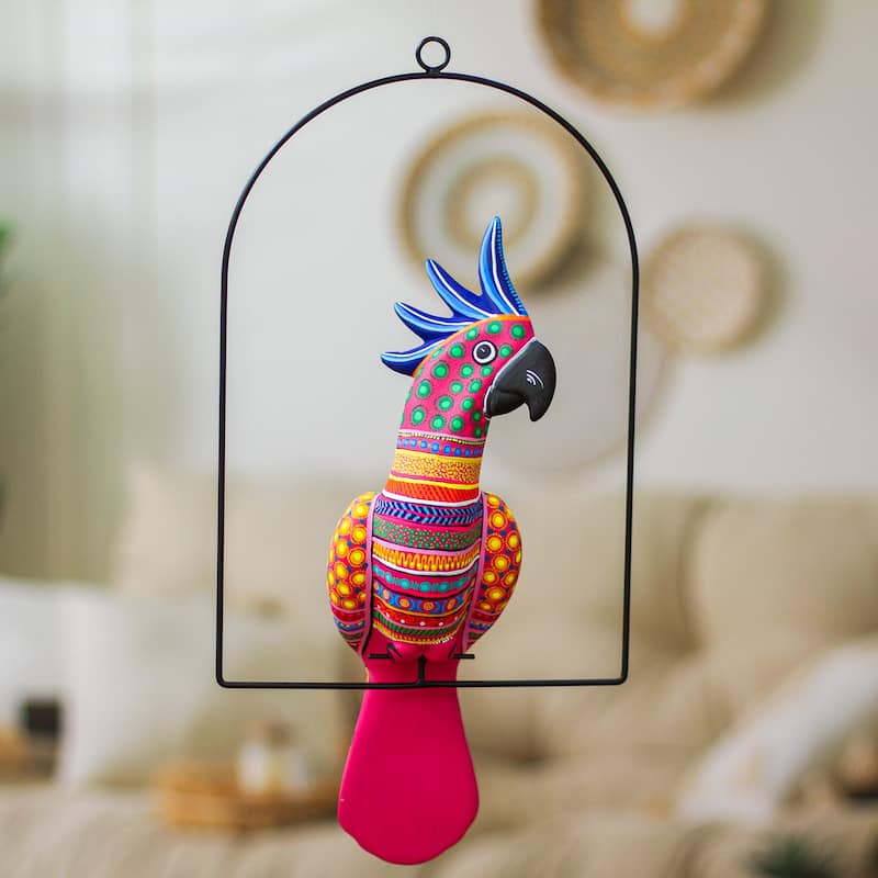 Novica Handmade Eden Feathers In Cerise Ceramic Alebrije Sculpture