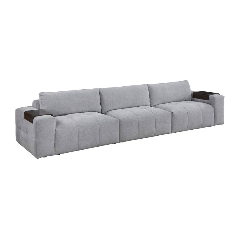 Mackay 154" Textured Fabric Sofa with Wooden Armrest Tray & Tufted - Gray