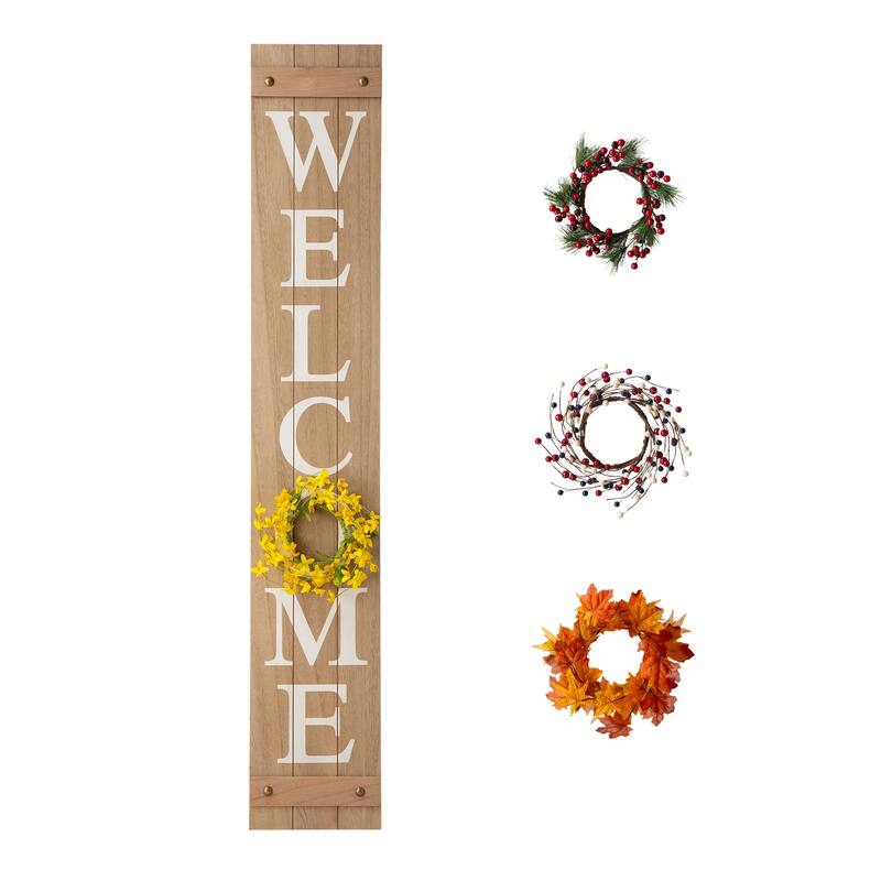 Glitzhome 60"H Wooden Welcome Porch Sign with 4 Floral Wreaths for Fall Halloween Thanksgiving Christmas Decoration