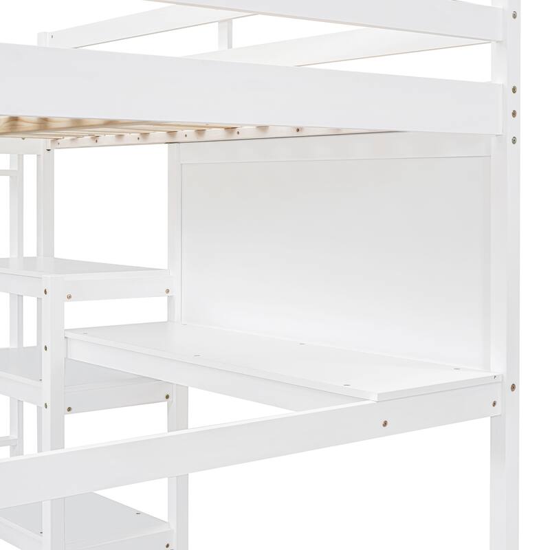 Full Size Wooden Loft Bed with Shelves, Desk and Writing Board