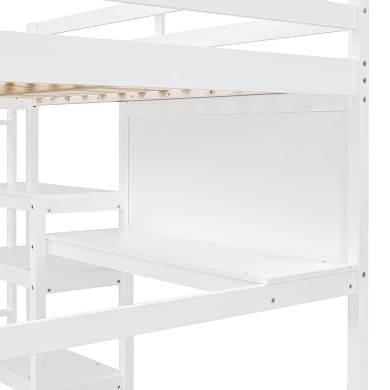 Wooden Loft Bed with Shelves, Desk and Writing Board
