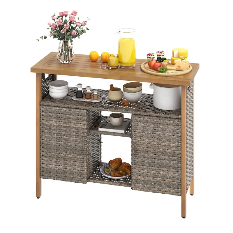 Moasis Wood and Wicker Outdoor Sideboard Storage Cabinet with Adjustable Shelves - 43.3"W - Brown