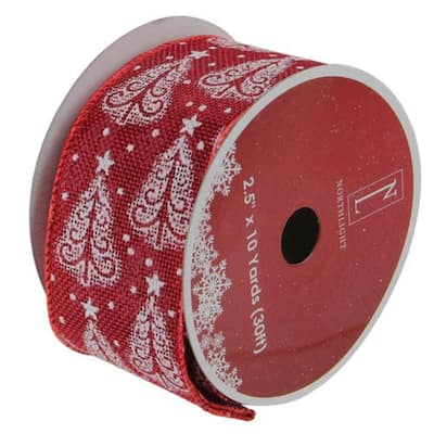 Cranberry Red and White Trees Burlap Wired Christmas Craft Ribbon 2.5" x 10 Yards