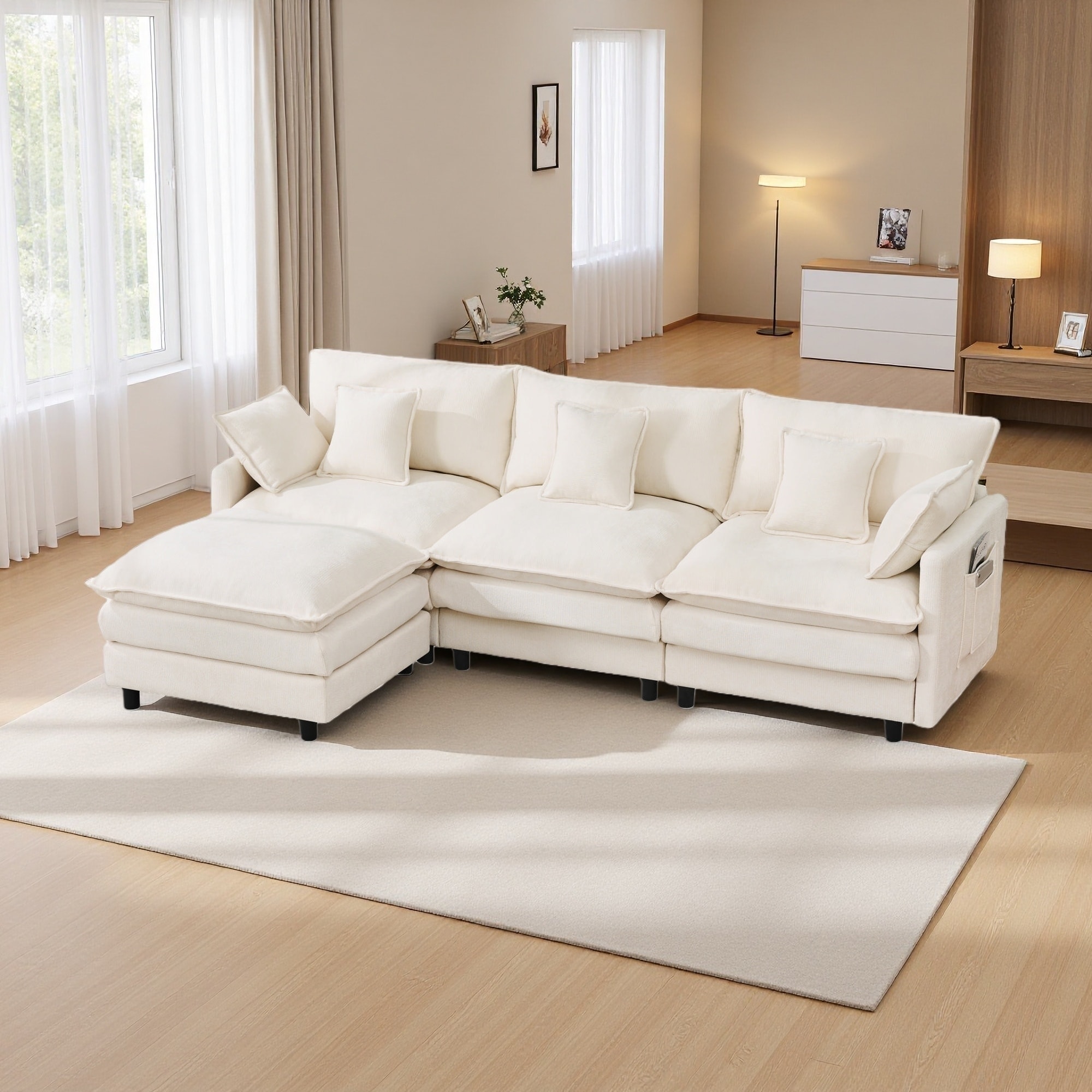 101.9" Cashmere Fabric L-Shaped Modular Sectional Sofa with Movable Footstool and Detachable Arms (3-Seater)