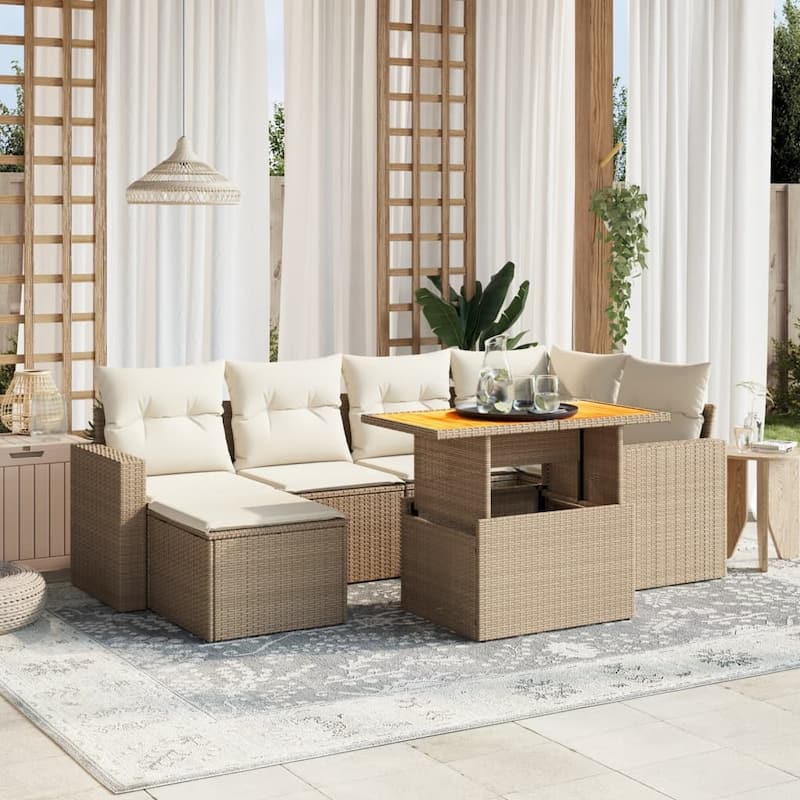 vidaXL Patio Sofa Set with Cushions Outdoor Conversation Furniture Poly Rattan - 21.7 x 39.4 x 28.7 - Beige and Cream-without storage