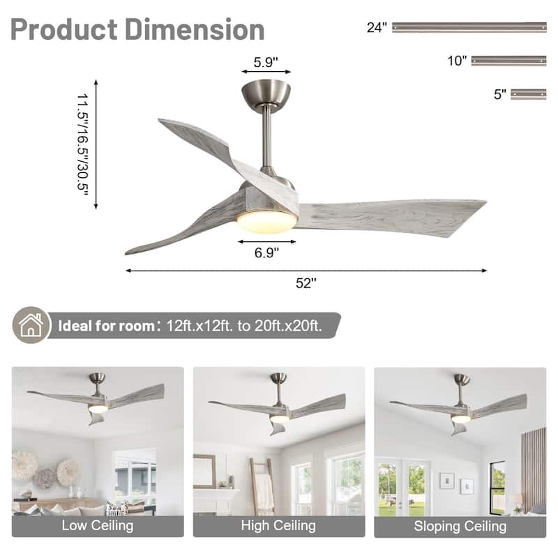 Sofucor 52 Inch Farmhouse Indoor&Outdoor Ceiling Fan with Remote,LED Light Optional